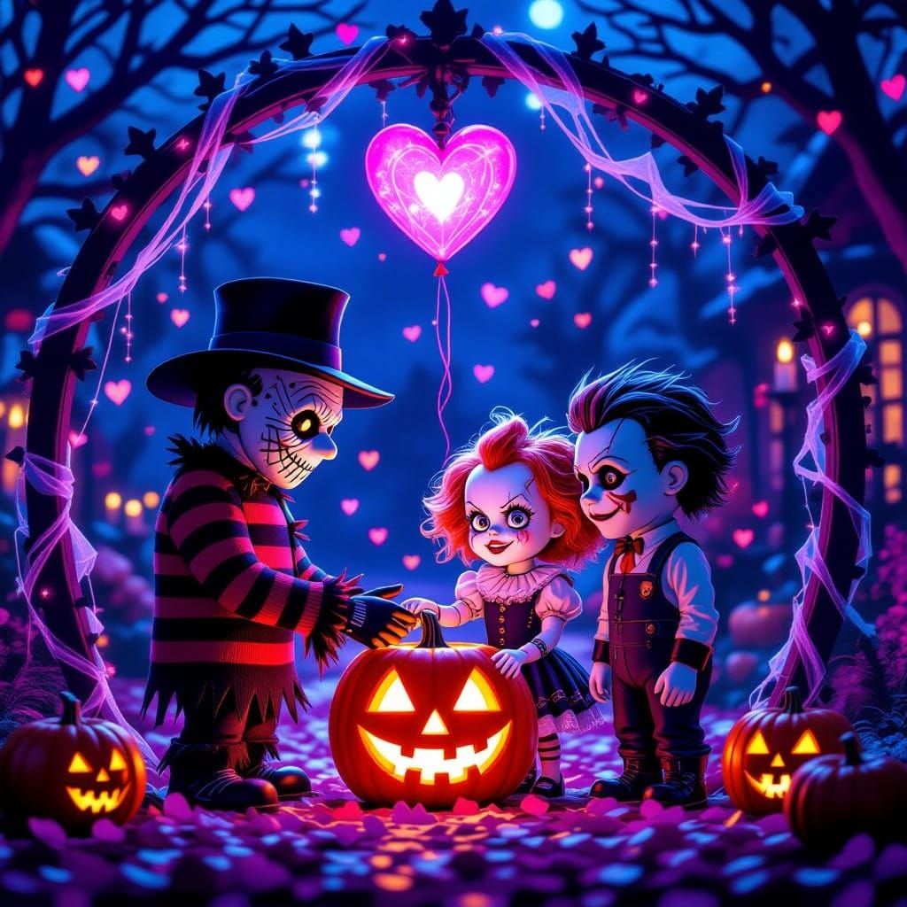Horror Icons in Whimsical Romance Under Neon Glow