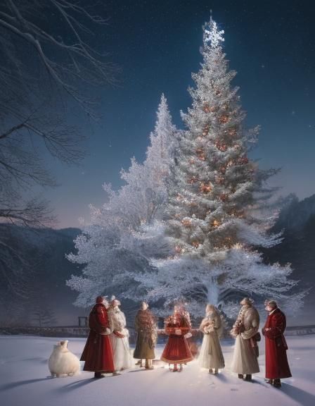 Rabbit Family Celebrates Christmas in Snowy Scene