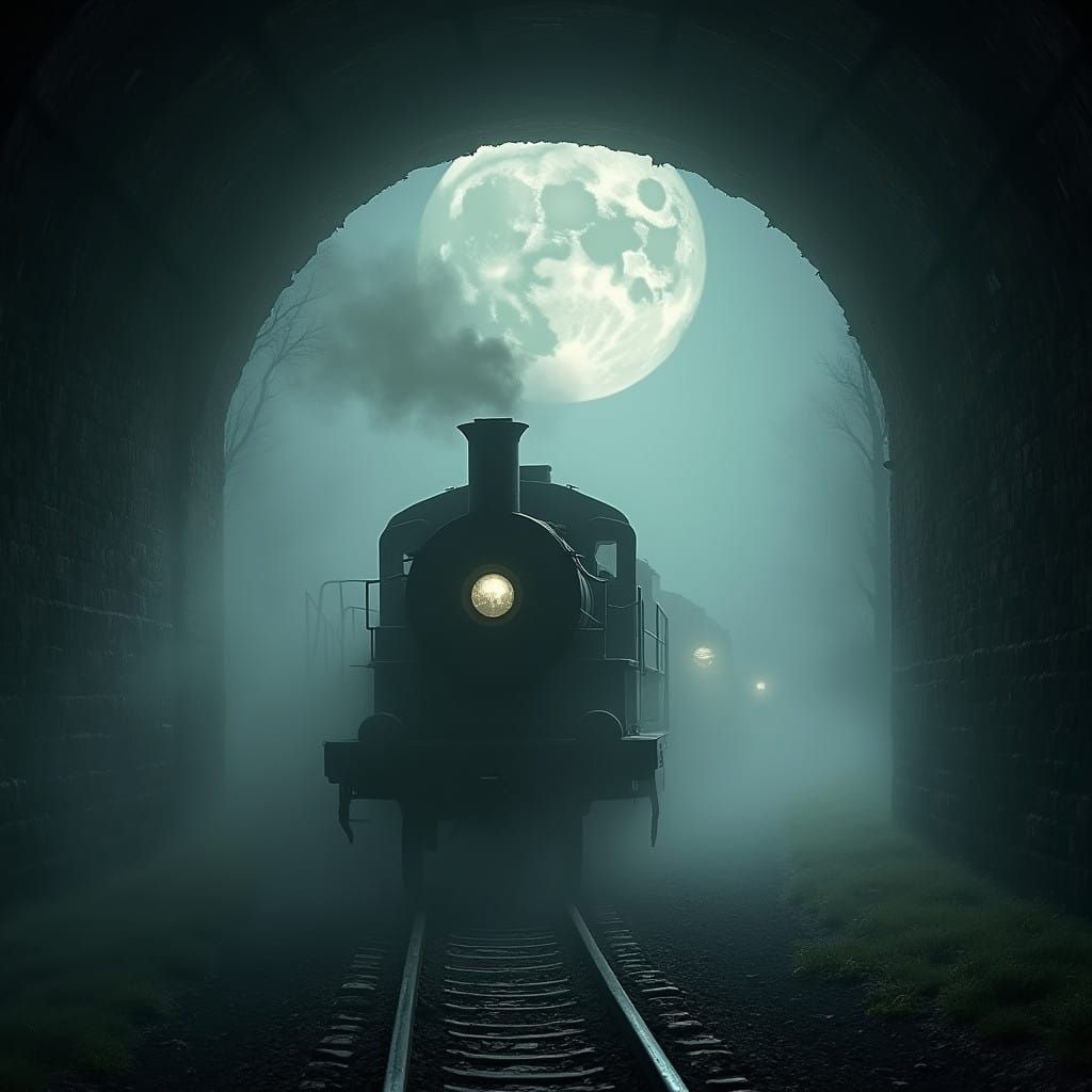 Moonlit Ghost Train Emerging from Abandoned Tunnel