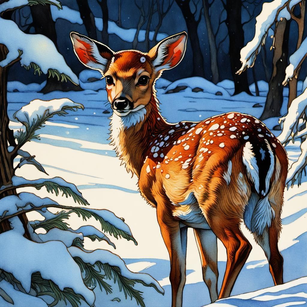 Spotted fawn, snow