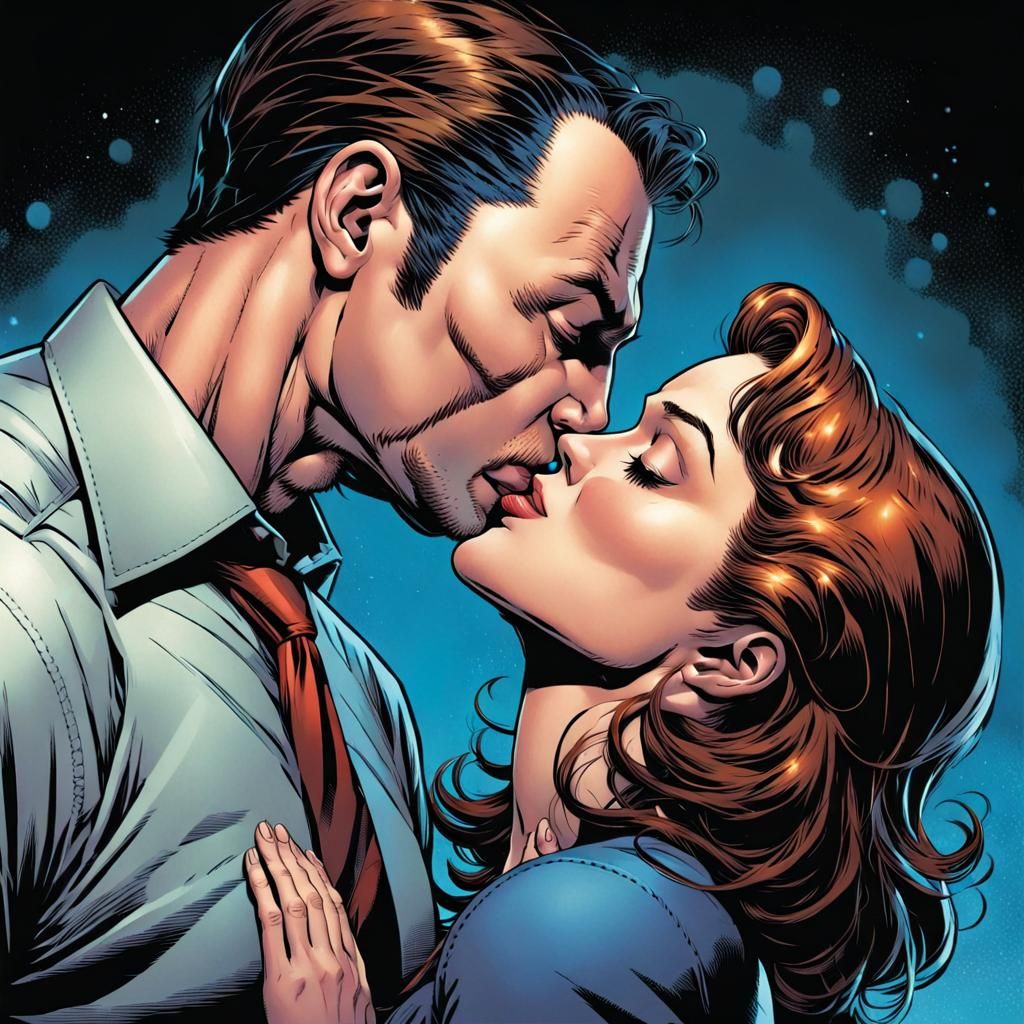 Woman Kisses Man: Comic Book Art Style