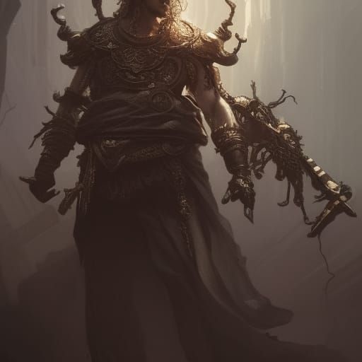 Ten-Headed Man with Weapons: Dark Fantasy Art