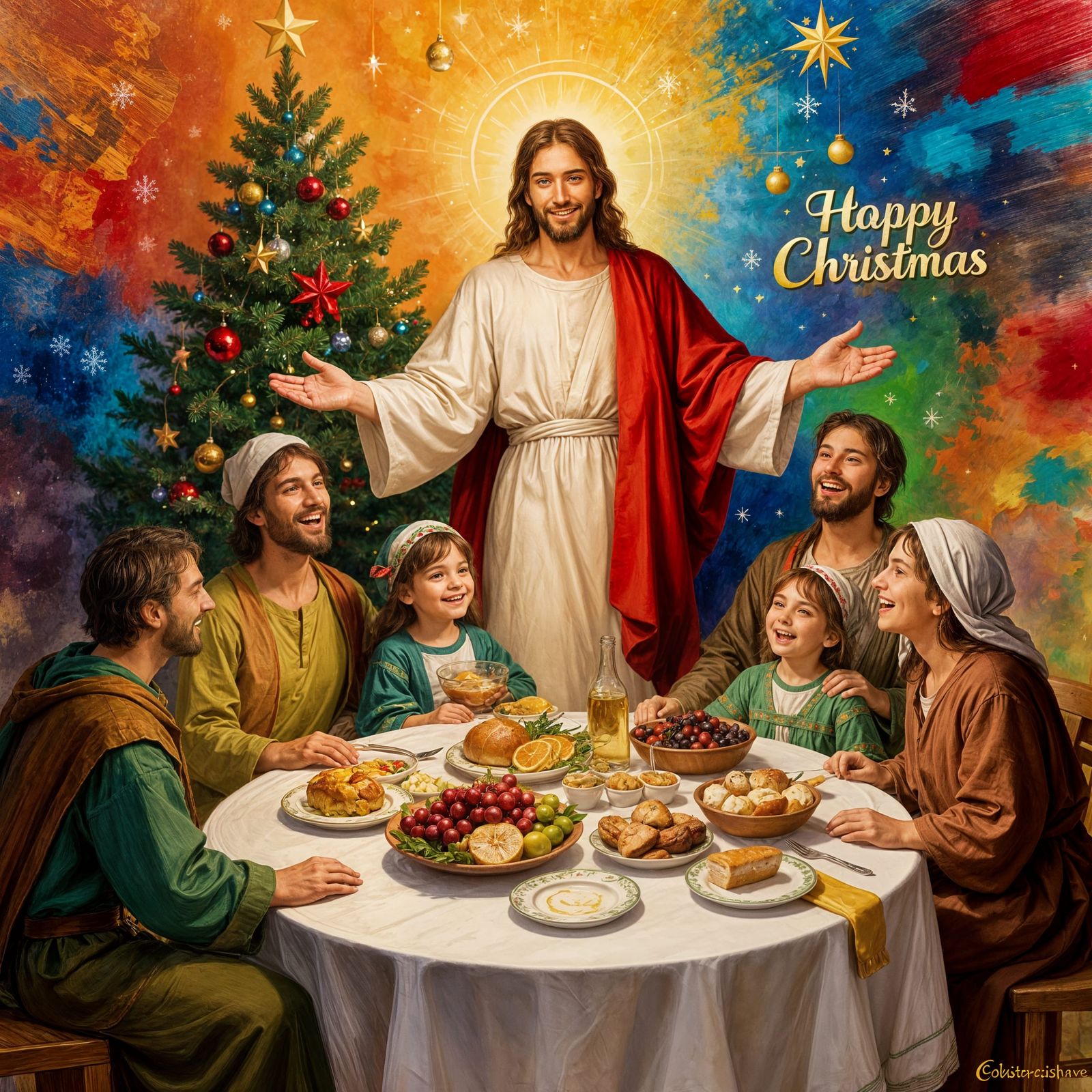 Jesus Blesses a Joyful Family at Christmas Dinner