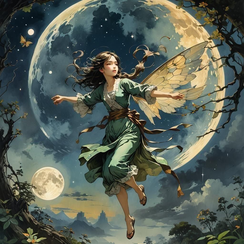 Fairy Flying Under Moon in Watercolor Style