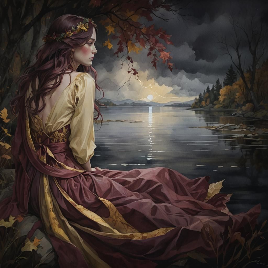 Serene Woman in Fall Landscape with Stormy Horizon