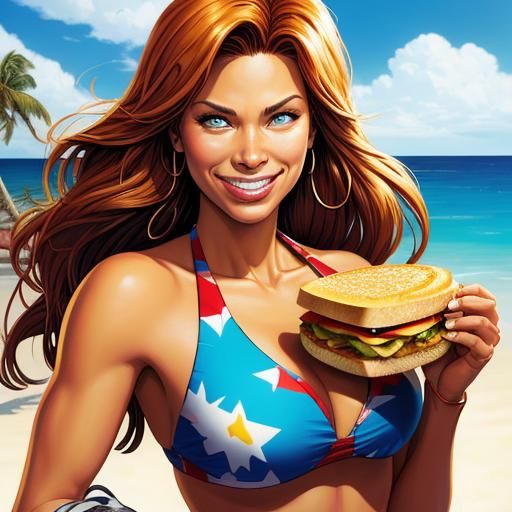 Bikini Model Eating Sandwich: Comic Book Art Style