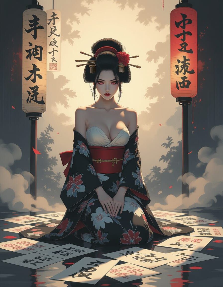 Shirtless Geisha Amidst Calligraphy Sheets