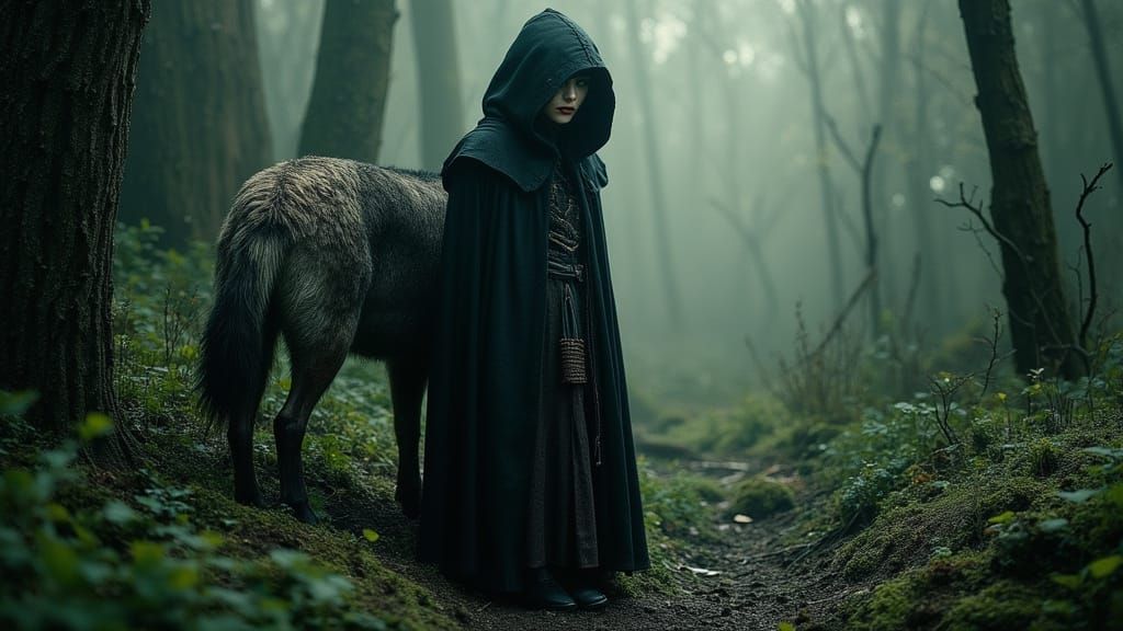 Dark Fairy Tale: Red Riding Hood Confronts the Wolf