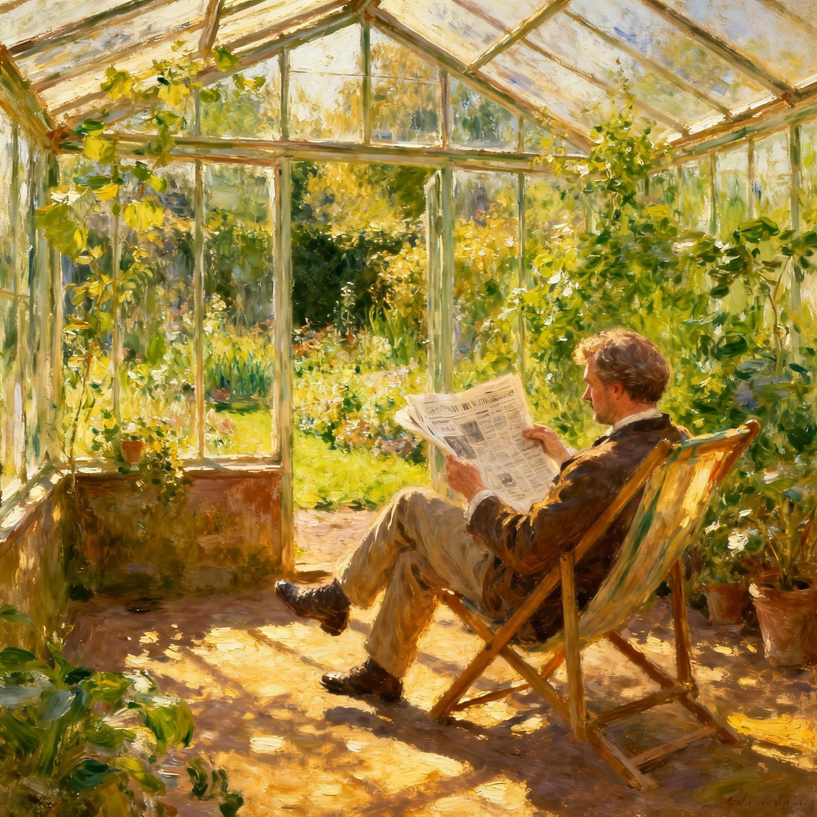 Man Reading in Greenhouse, Impressionistic Garden View