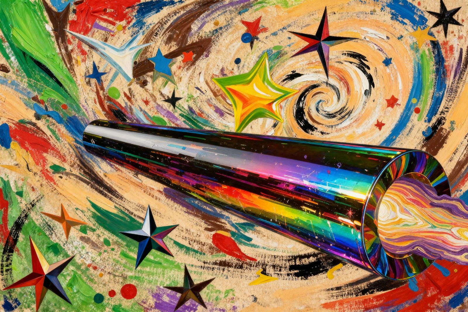 Sleek Rainbow Cylinder with Fiery Exhaust in Impasto Style