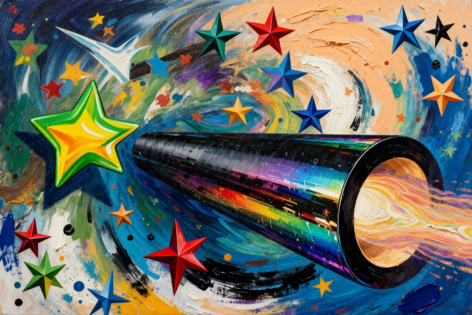 Sleek Rainbow Cylinder with Fiery Vortex Exhaust