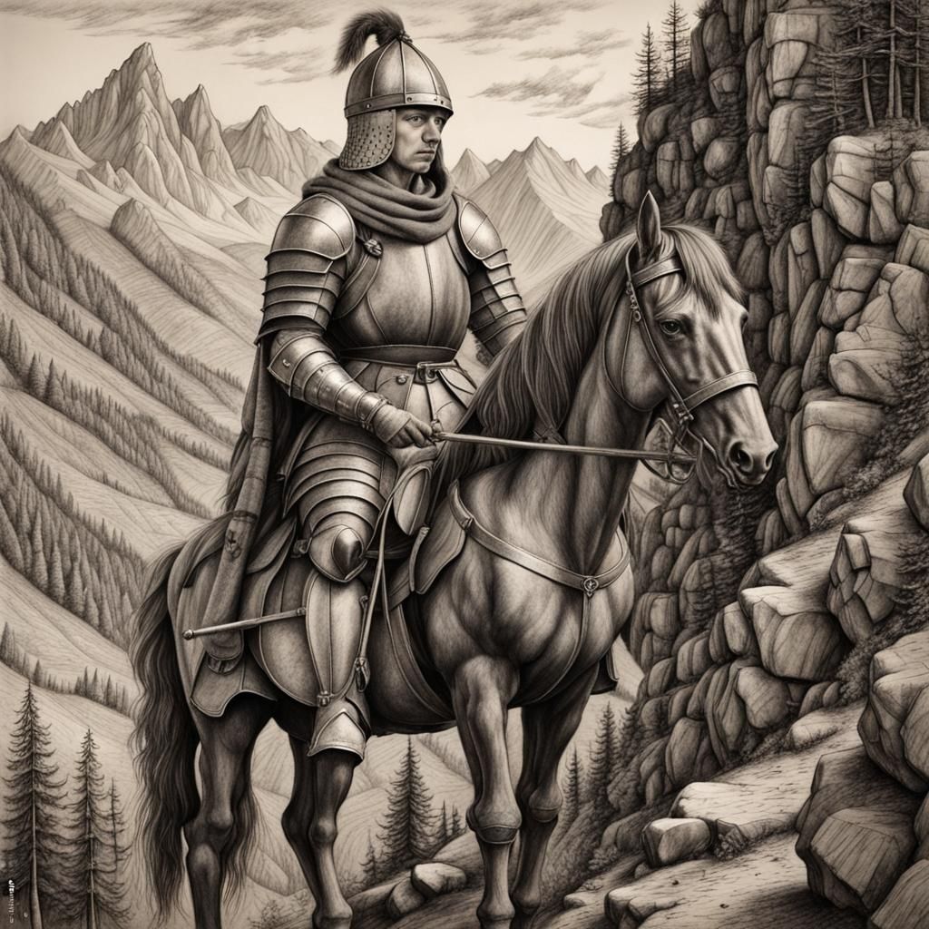 Childish Knight in Mountains: Durer-esque Charcoal Drawing