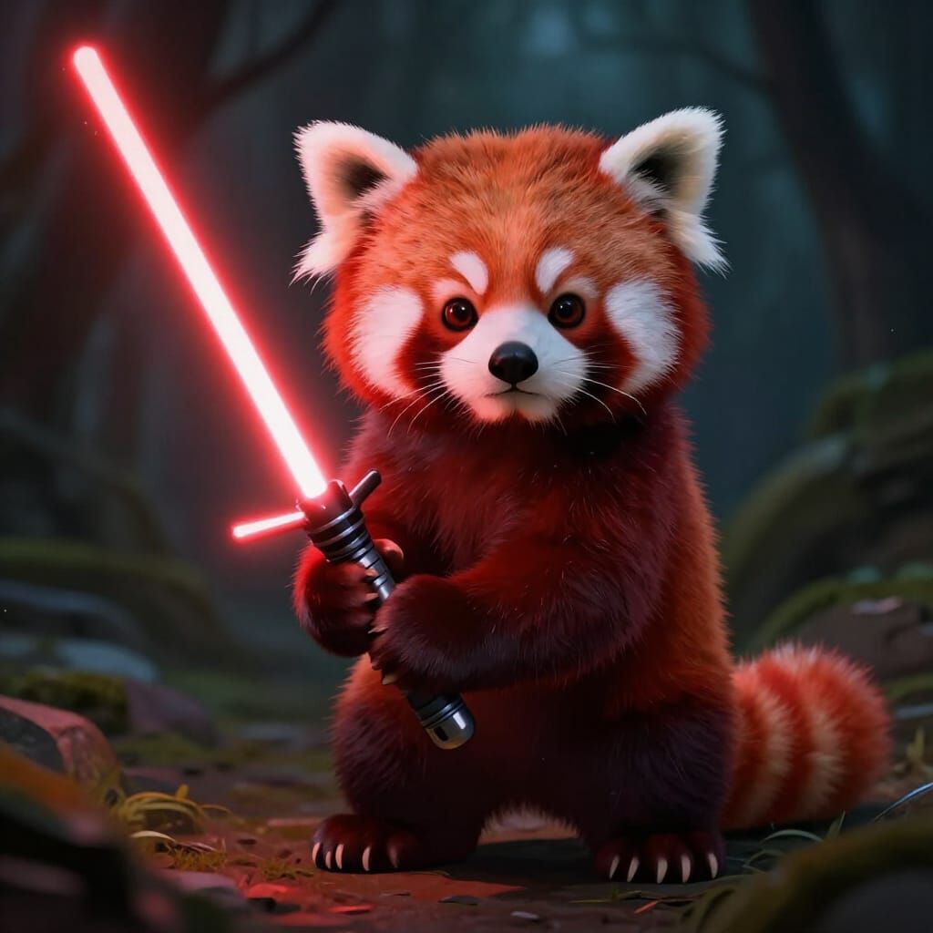 Cute Red Panda Warrior Holding Glowing Lightsaber