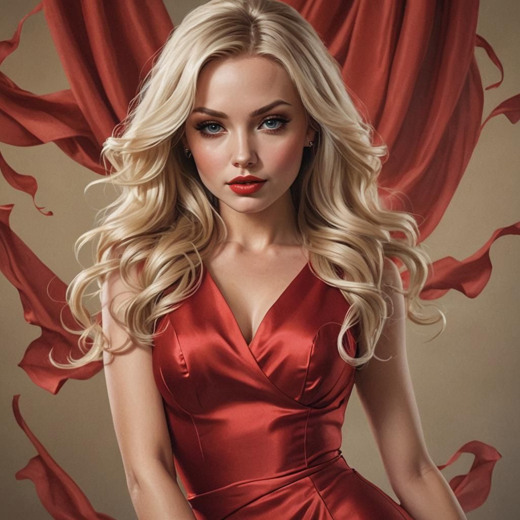 Bombshell Blonde in Red Silk Dress: Realistic Portrait