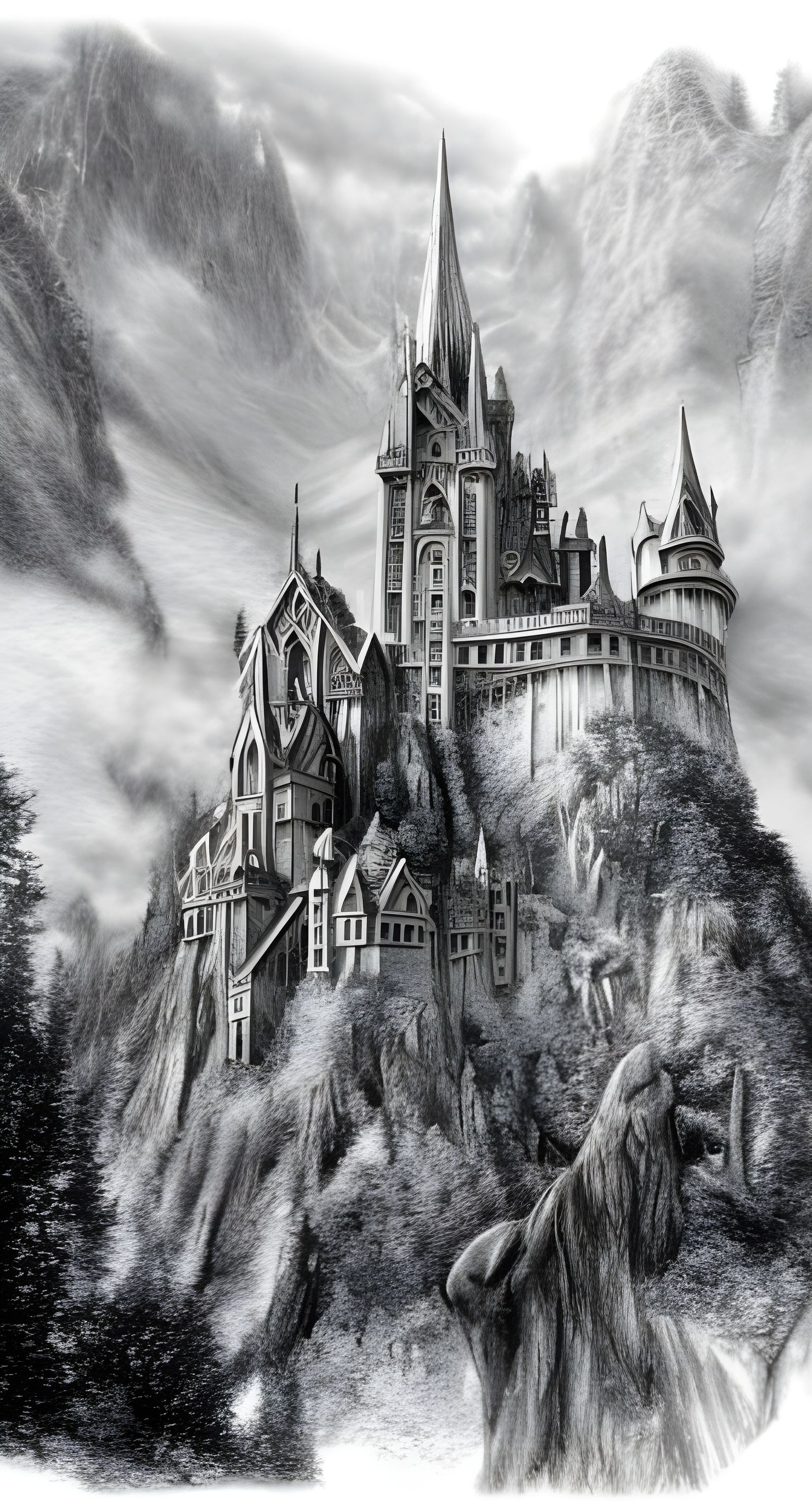 Medieval Castle Pencil Sketch in Ethereal Fantasy Style