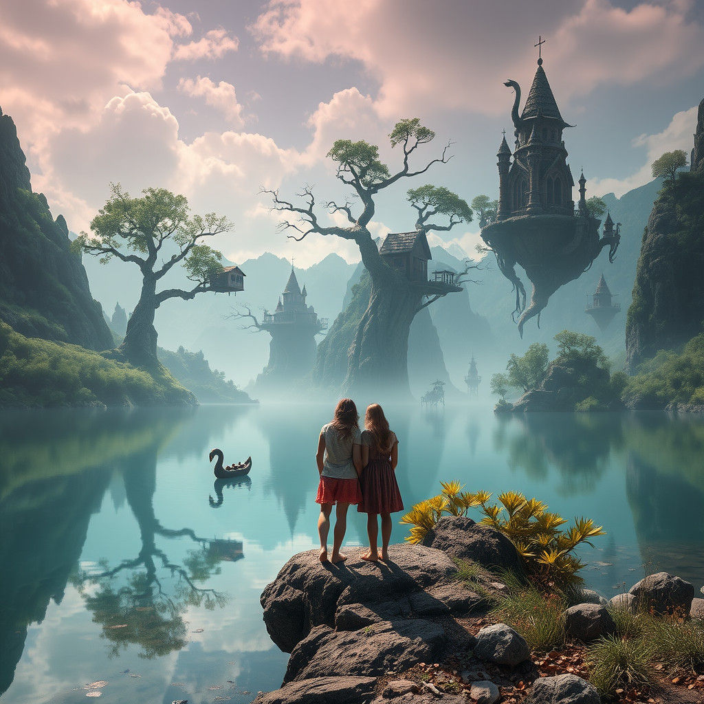 Friends by Lake with Giant Trees and Ruins