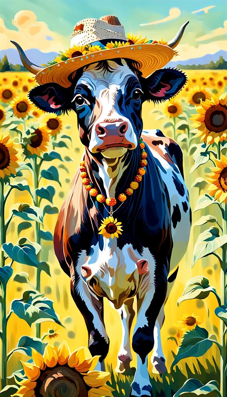 A whimsical, eccentric cow stands proudly in a vibrant field of towering sunflowers, her spotted hide adorned with color...