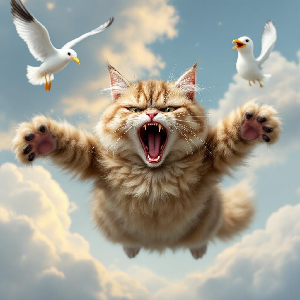 Scared Persian Cat Floating Among Clouds