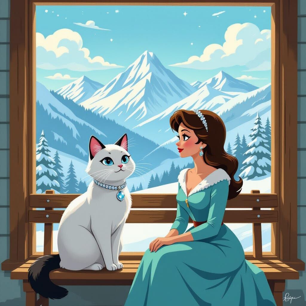 Siamese Cat & Woman by Bay Window with Mountain View