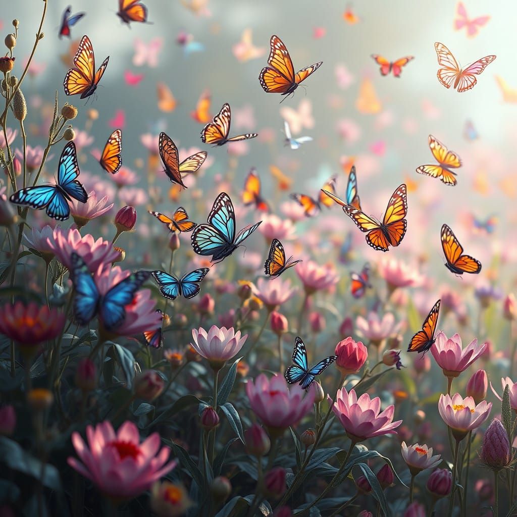 Whimsical Garden Scene with Iridescent Butterflies in a Roma...