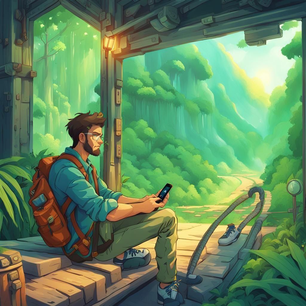 Jungle Traveler Navigating with Holographic Map in Anime Sty...