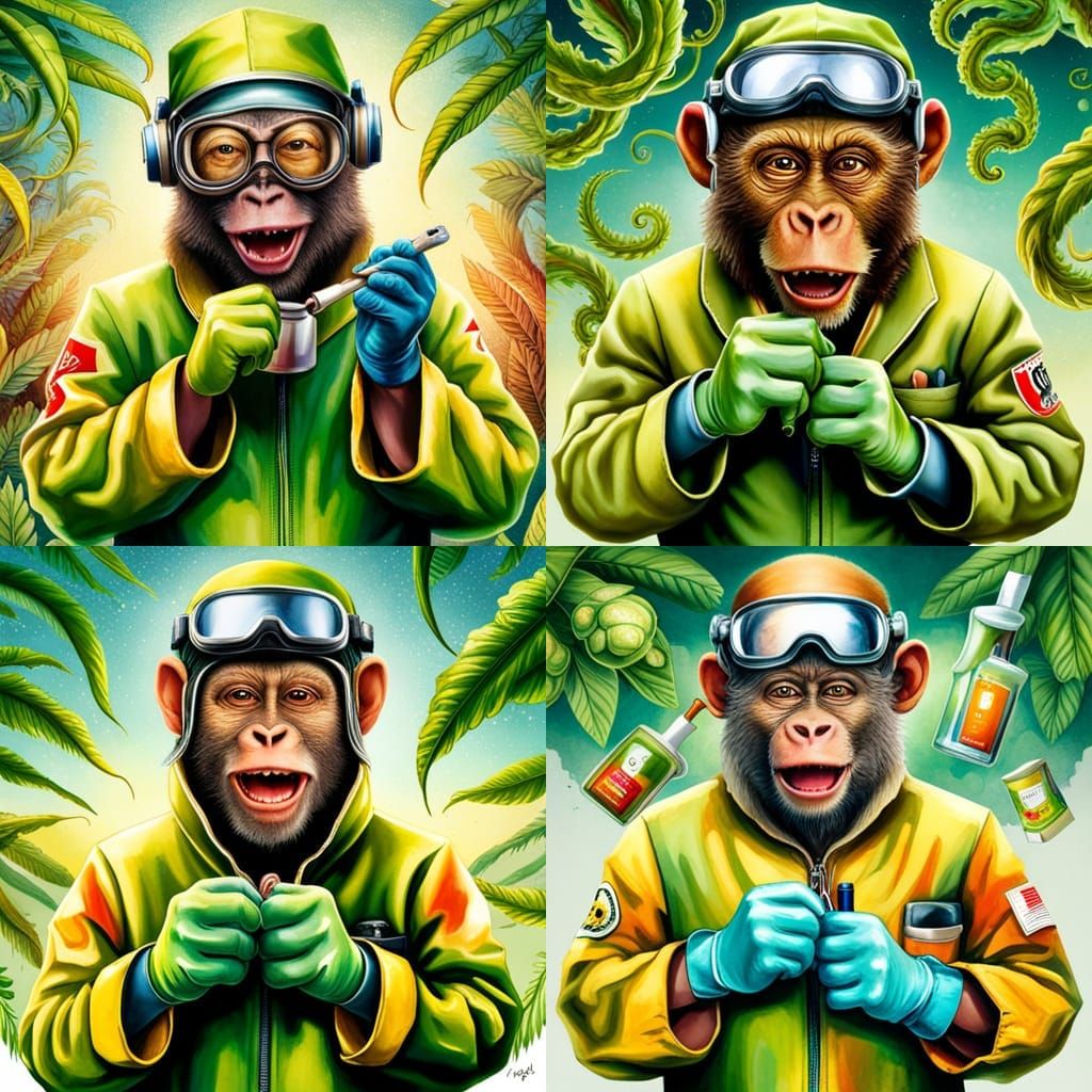 mad scientist monkey in a hazmat suit doing crazy science experiments