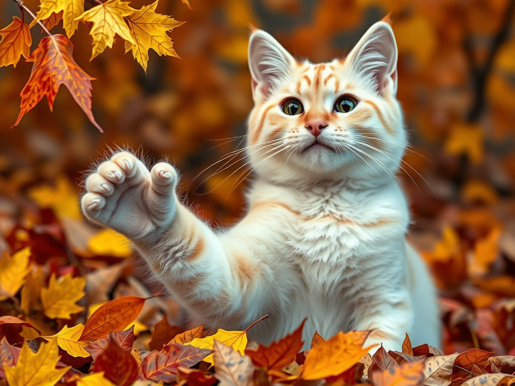 Blonde Cat Playing with Autumn Leaves Watercolor