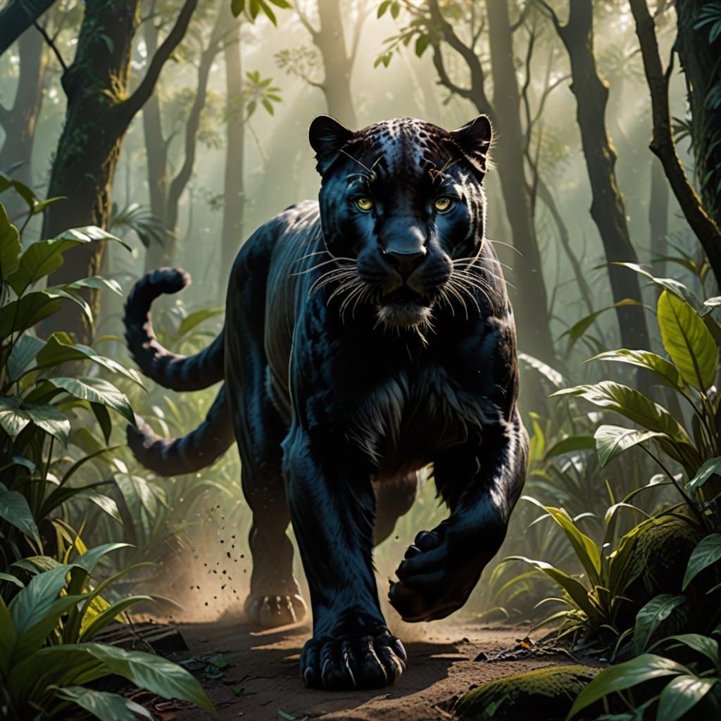 Vibrant Black Panther in Full Run Through Misty Jungle