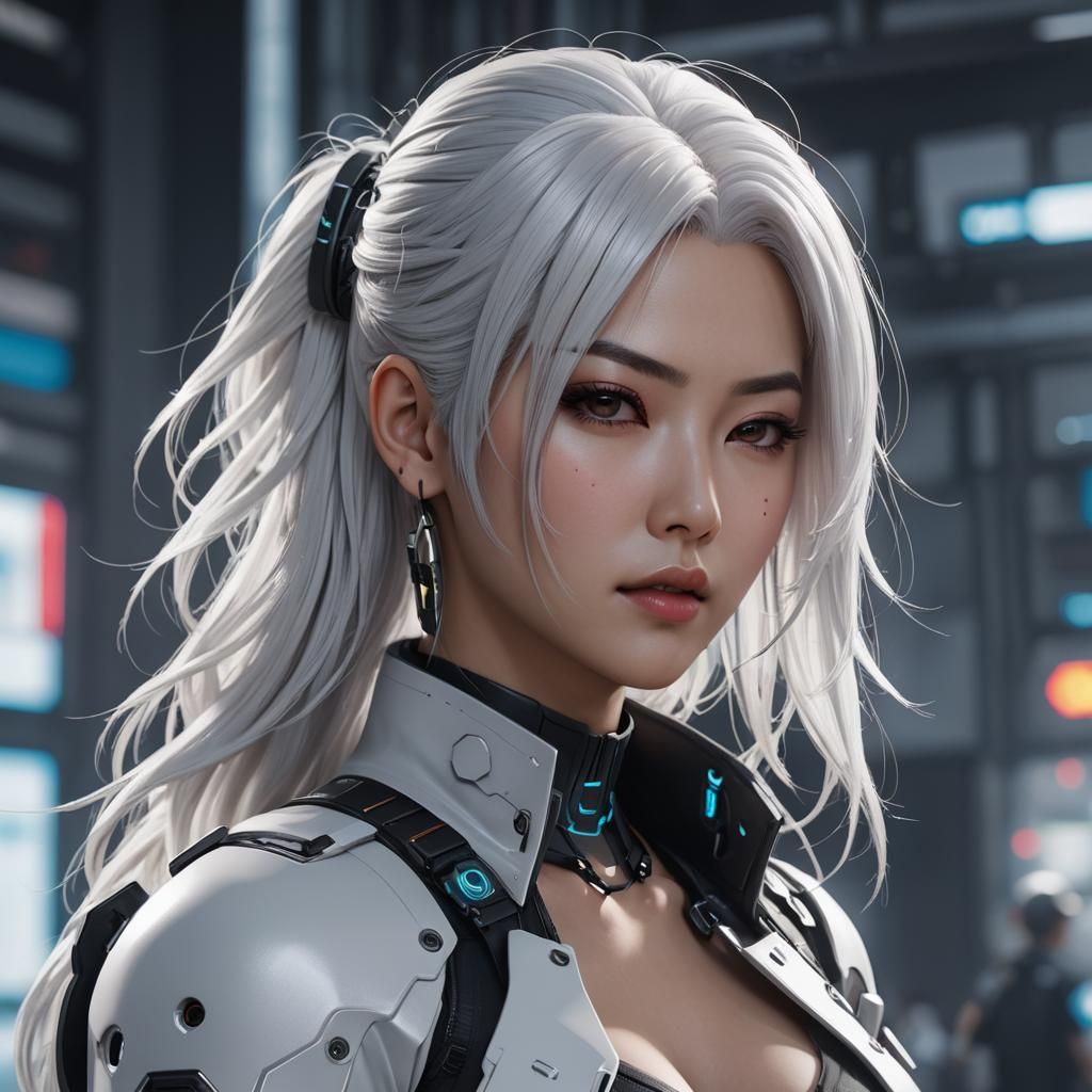 Cyberpunk Asian Woman with White Hair and Side Shave