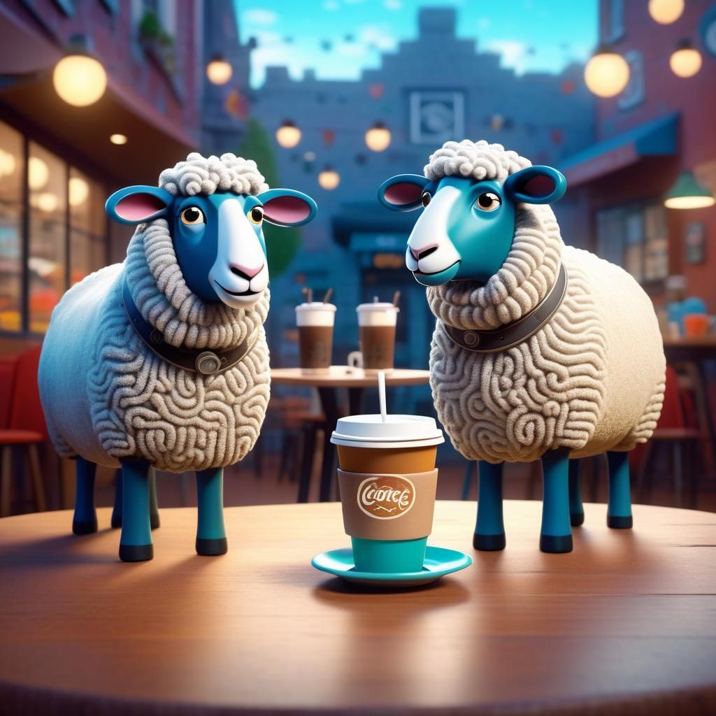 Sheep at Cafe: Pixar-Style 3D Digital Art
