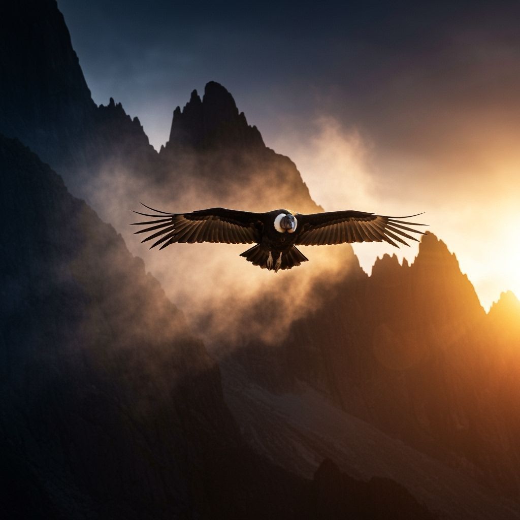 Condor Soaring Above Misty Mountains at Sunset