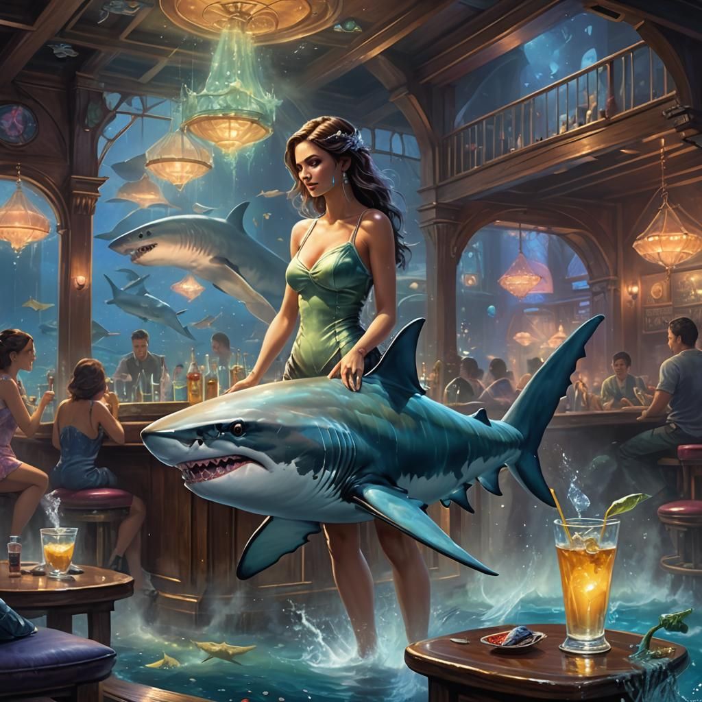 Female Shark Humanoid in Underwater Nightclub