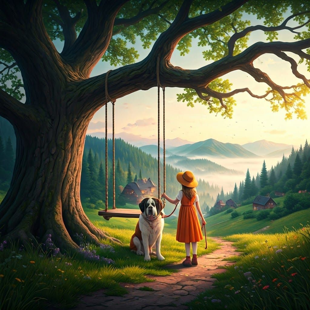 Girl, Dog, and Swing in Mountain Village