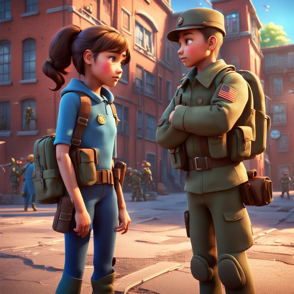 Soldiers Meet Schoolgirls: Pixar-Style 3D Digital Art