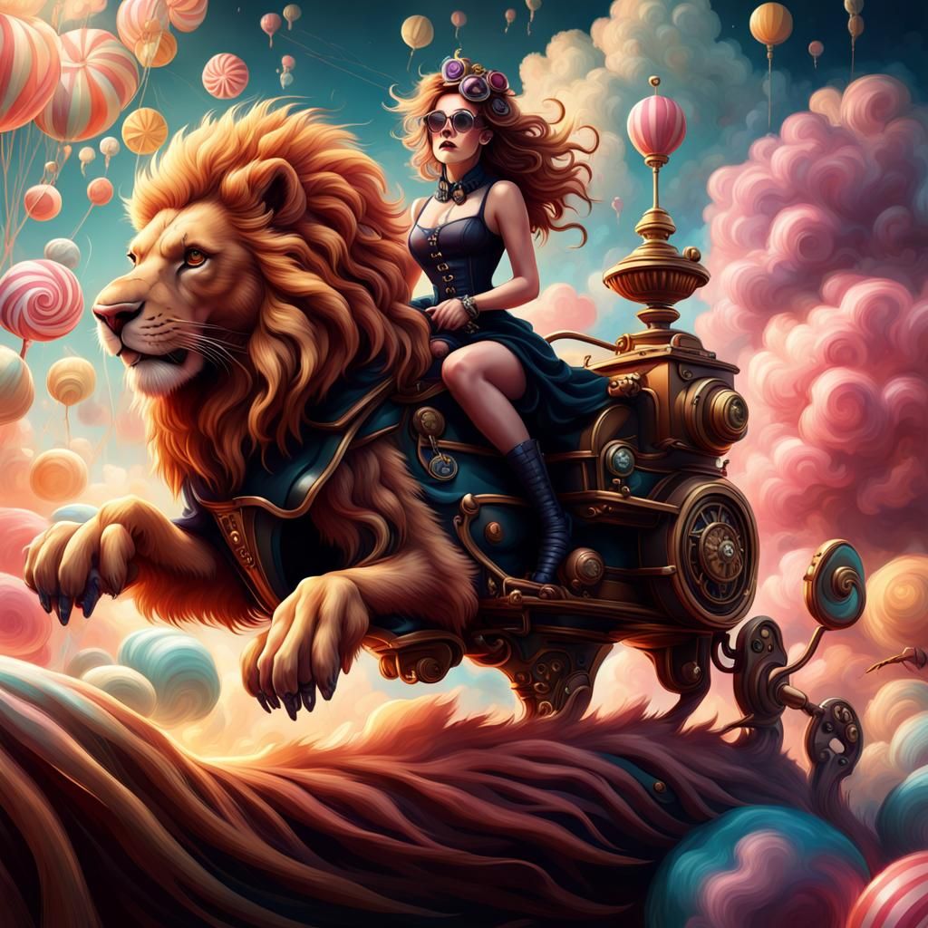 Steampunk Lady Rides Lion in Candyland Style