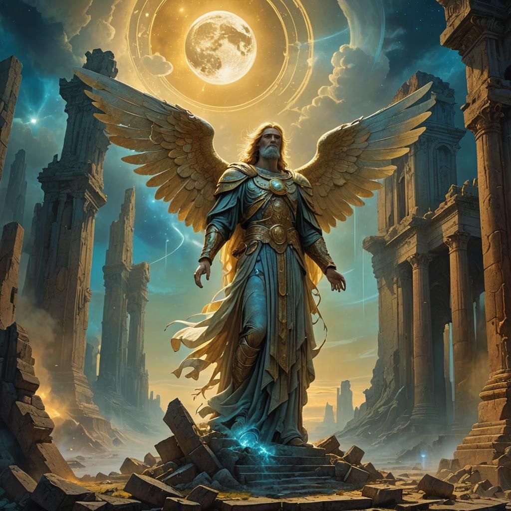 Angel Uriel in Mystical Ruins: Ethereal Concept Art