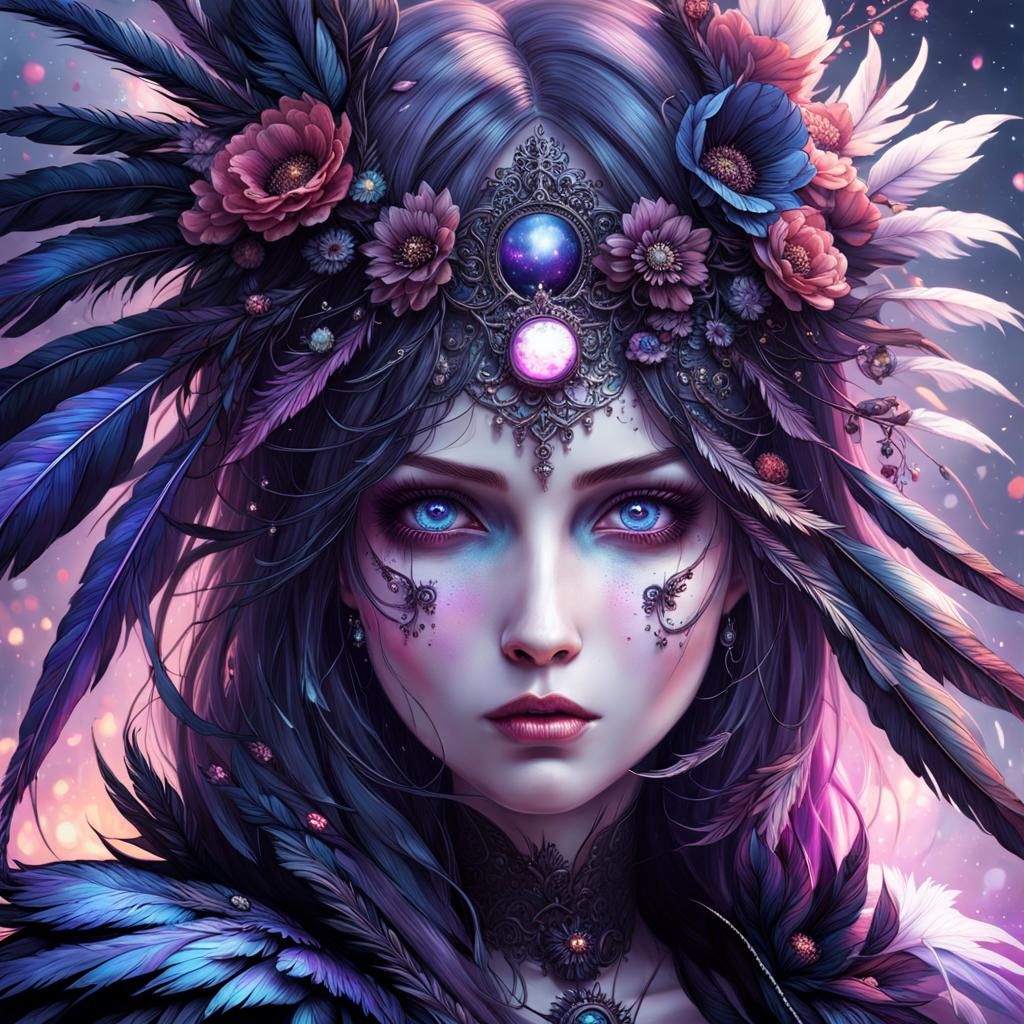 Gothic Beauty with Flowers and Feathers, Hyperdetailed Art
