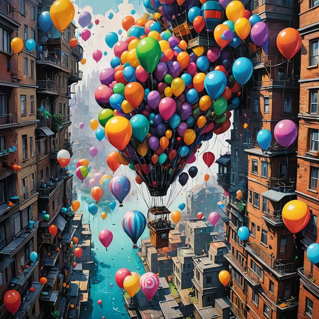 Floating City Suspended by Balloons in Graffiti Art