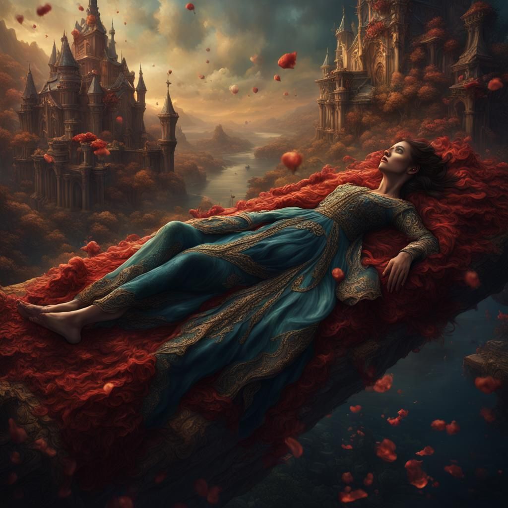 Romantic Woman Lying Down: Detailed Fantasy Art
