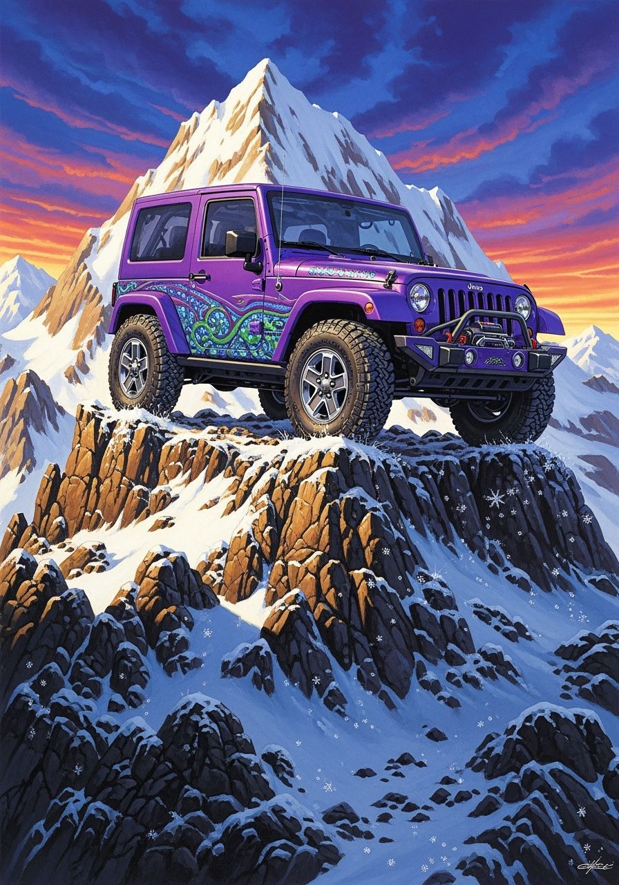 Purple Jeep Wrangler on Snow Peak: Fantasy Illustration