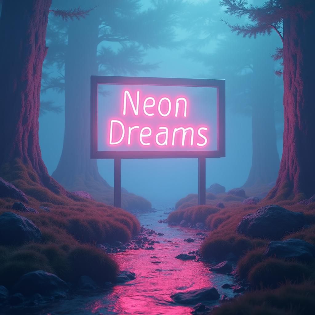 Surreal Landscape with Glowing Neon Text in 8k