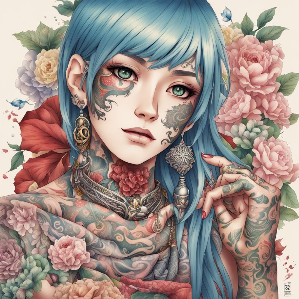 Tattooed Transgender Woman in Anime Style