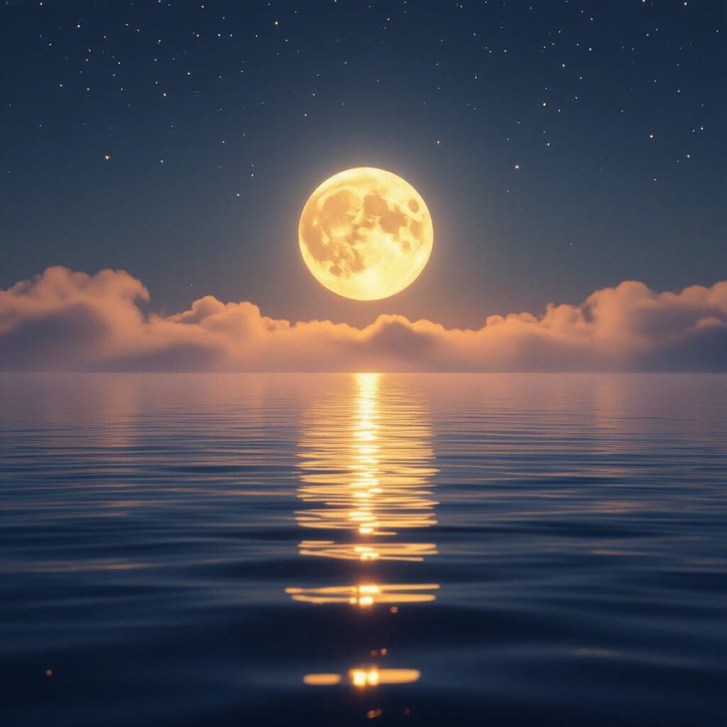 Serene Moonlit Ocean Night with Golden Horizon