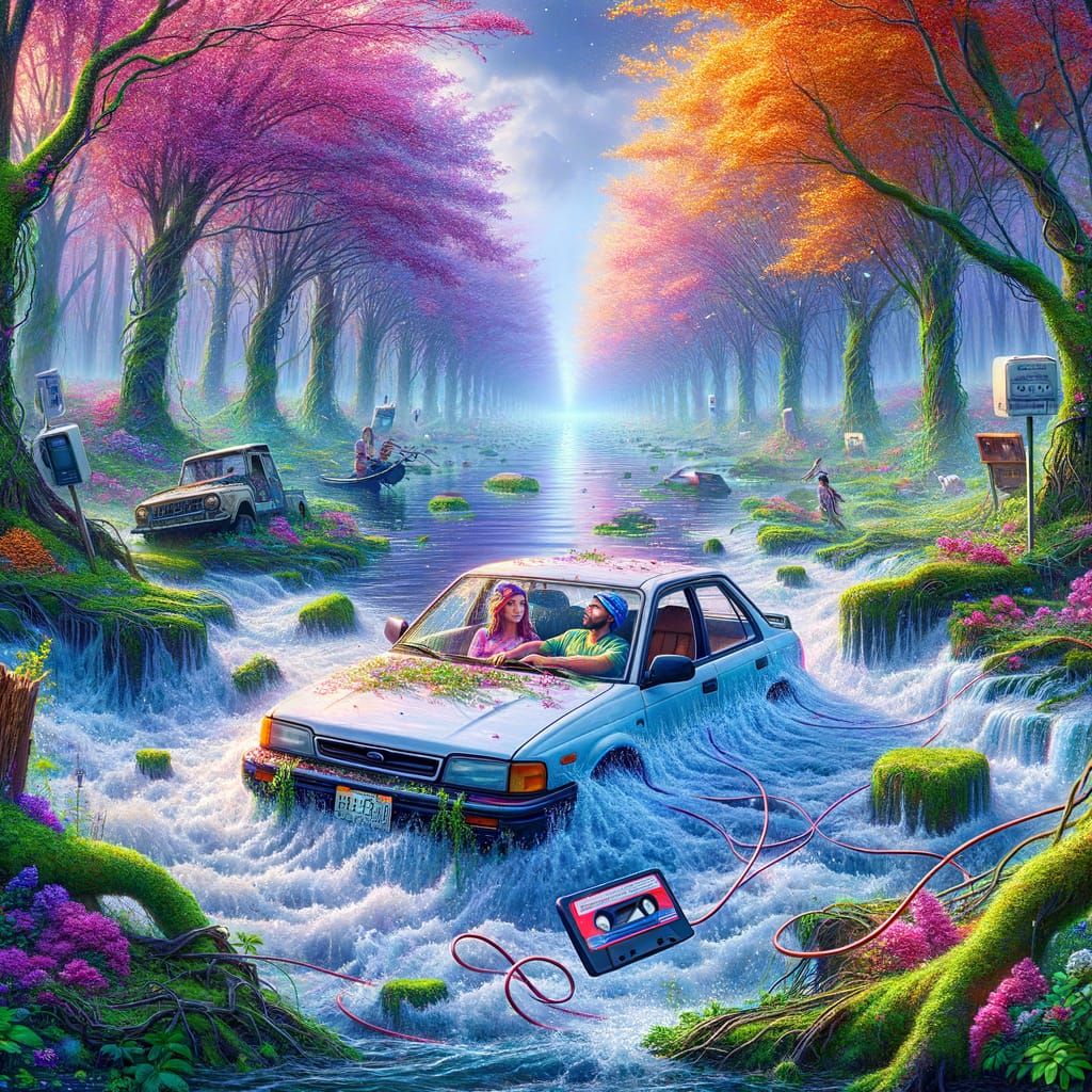 Flooded Florida Forest: Hyperrealistic Car Scene