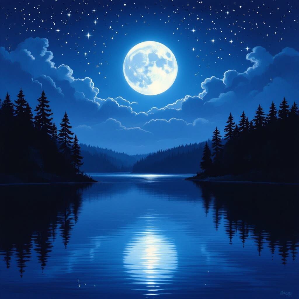 Blue Moonlight Over Forest Lake with Star Reflections