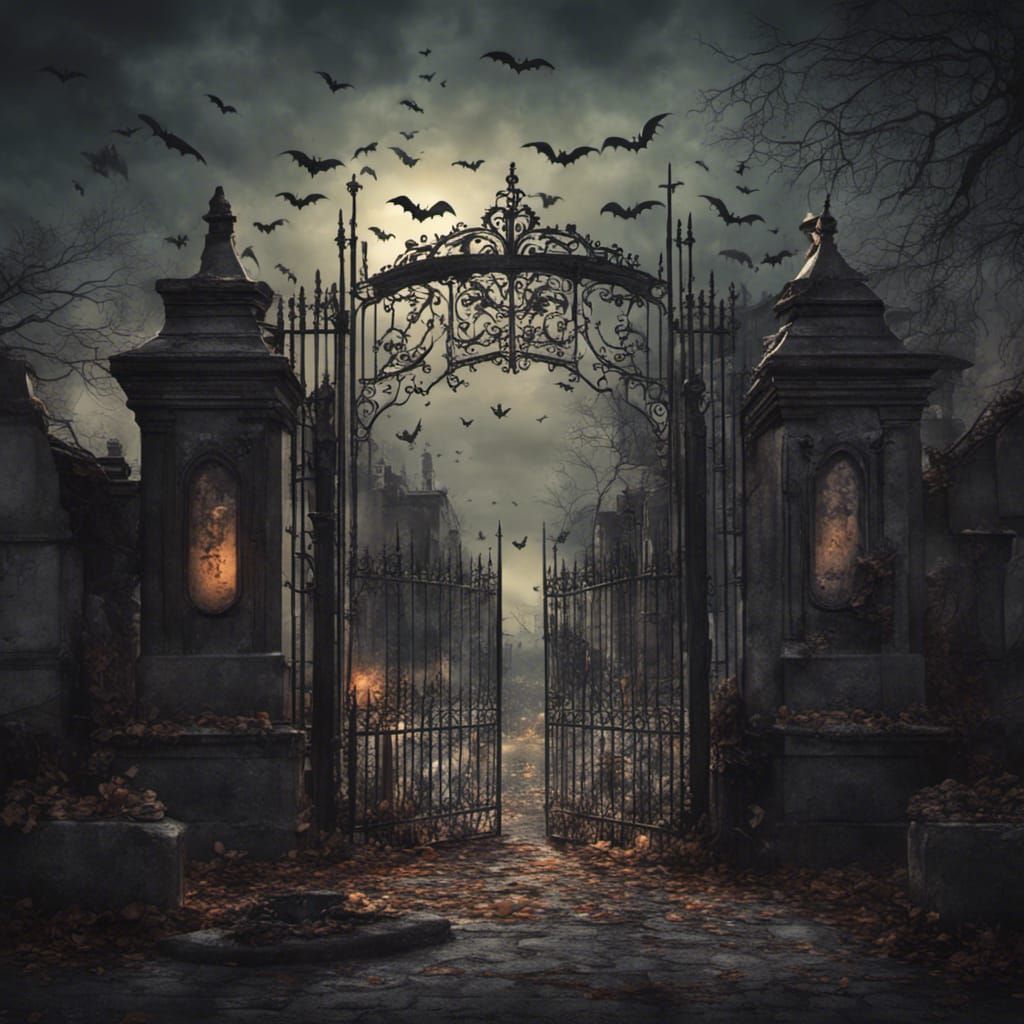 Gothic Cats and Bats in Cemetery Lithograph