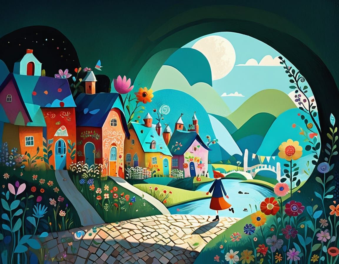 Whimsical Folk Art Village in Vibrant Landscape