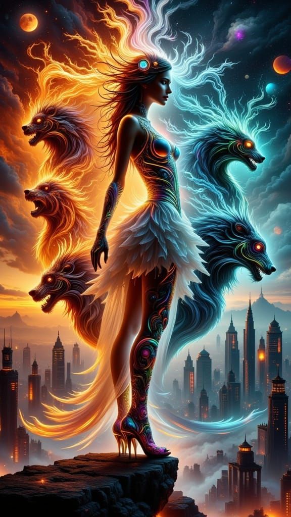 Surreal Goddess Overlooking City in Art Nouveau Punk Style