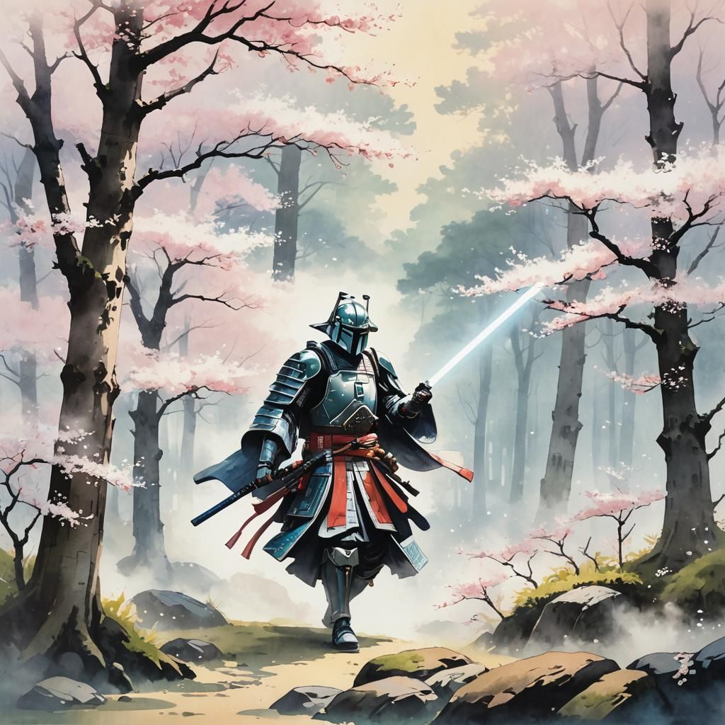 Samurai Mandalorian in Ukiyo-e Forest with Lightsaber