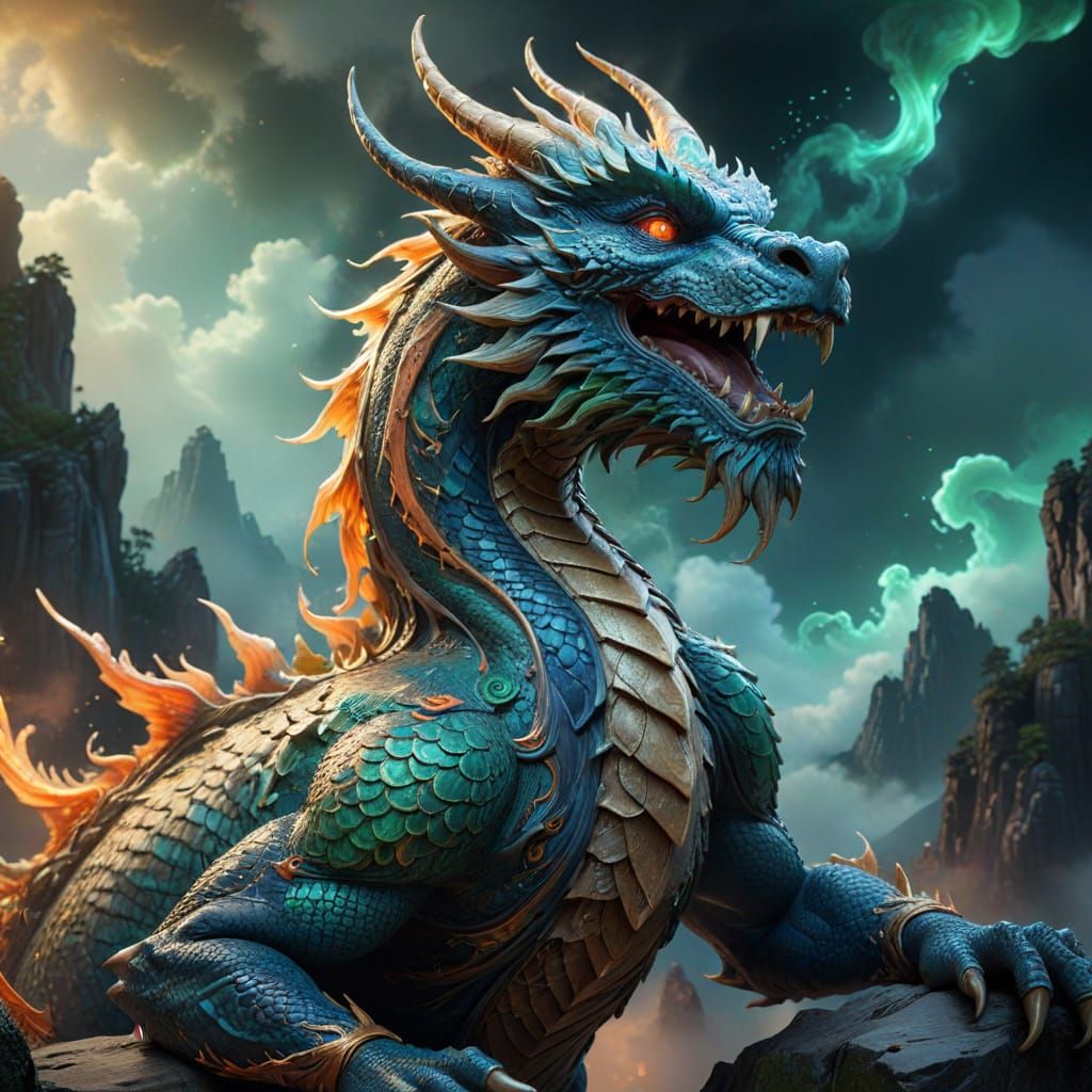 Ethereal Dragon on Glowing Mountain Peak in Gongbi Style